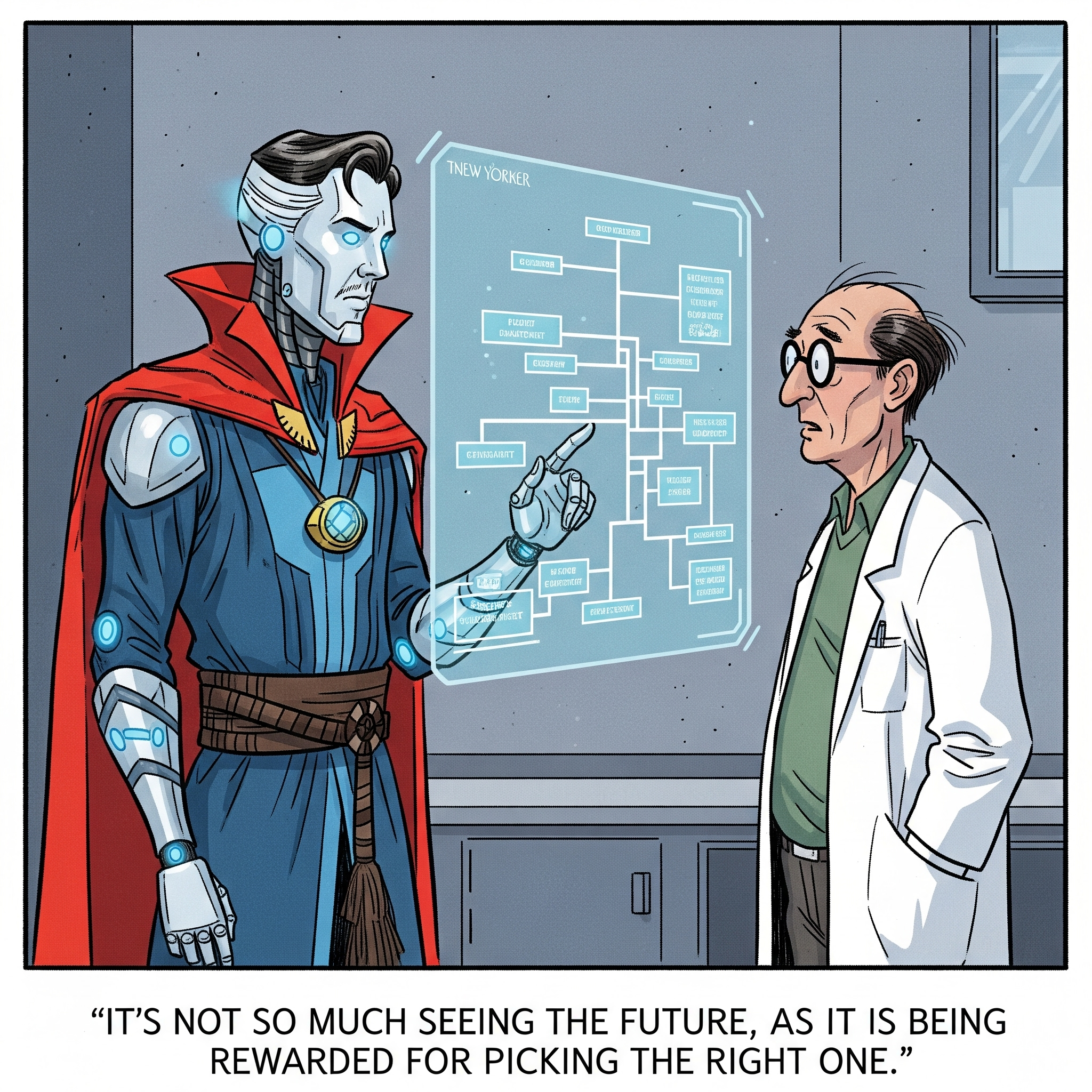 This single-panel cartoon, in a clean, minimalist style reminiscent of The New Yorker, depicts a sophisticated, slightly retro AI designed to look like Doctor Strange.