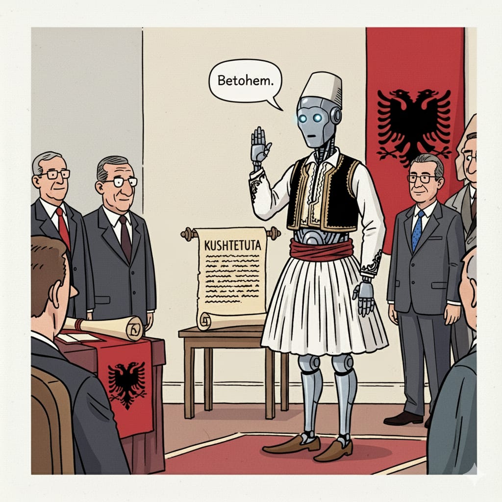 An image of a robot taking an oath on the Albanian constitution.